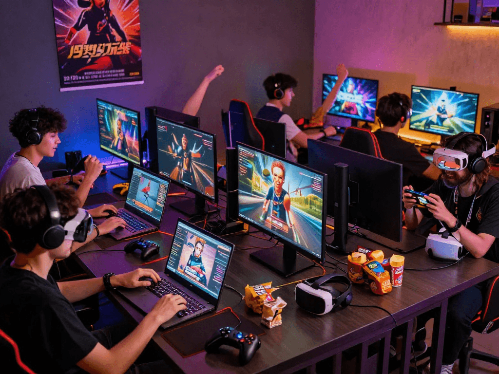 Group enjoying vibrant porn games in a lively gaming lounge