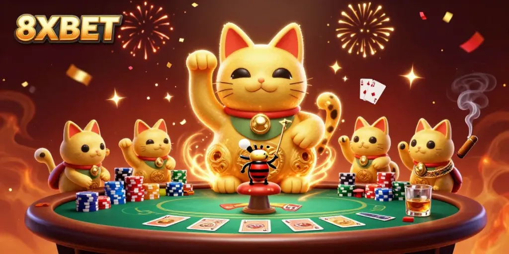 Experience the exciting world of 8XBET with a dynamic scene showcasing casino elements and a giant lucky cat.