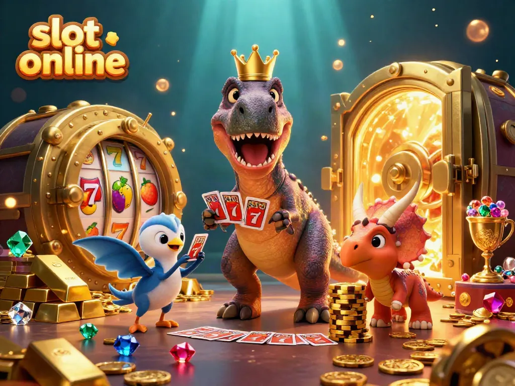 Engage in thrilling slot online adventures with a T-Rex, a pterodactyl, and a baby triceratops amidst a vibrant casino.
