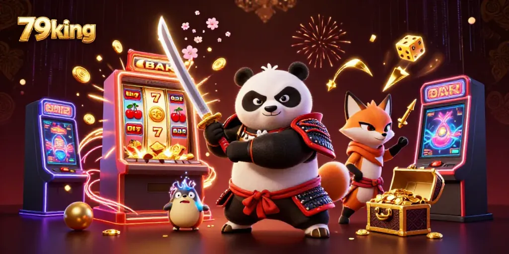 Engage with 79king's vibrant gaming world, showcasing a dynamic scene with samurai panda, fox, and tanuki amidst casino elements.