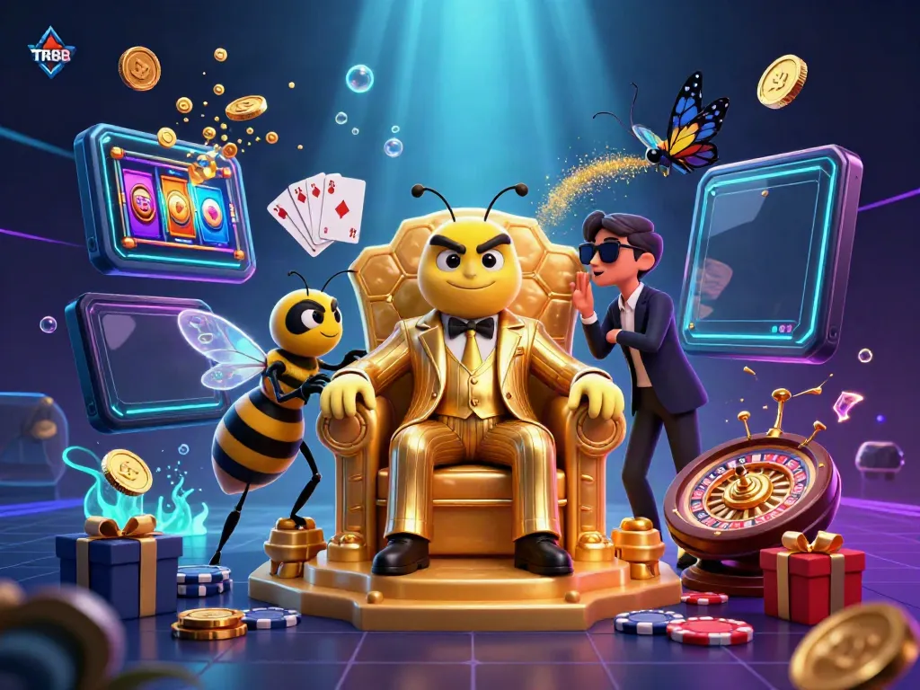 Experience TR88 casino adventures with a bumblebee mob boss surrounded by games and excitement.