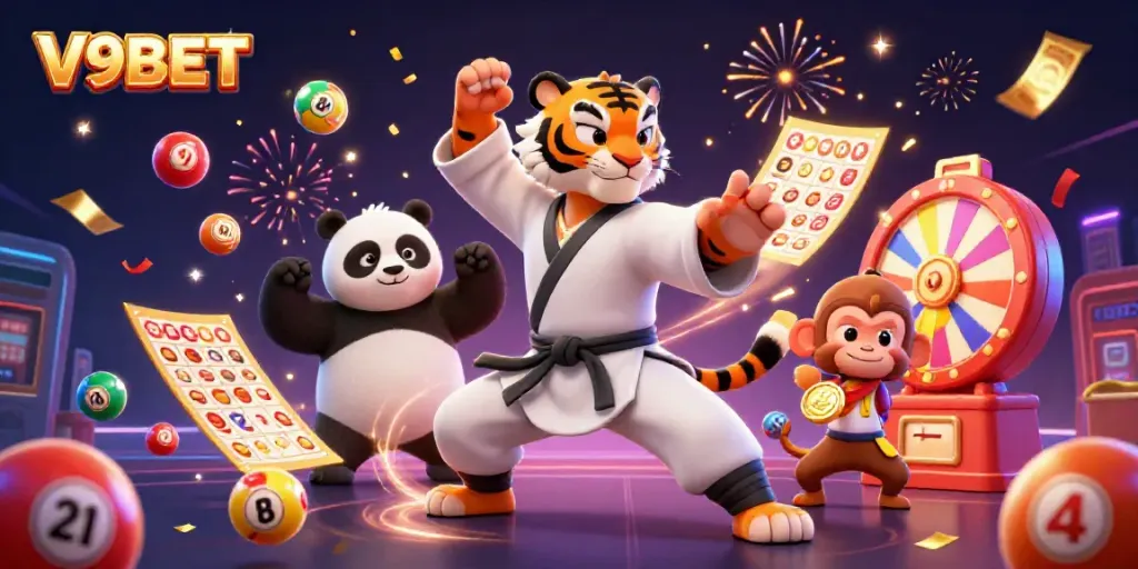 Engage with V9BET’s thrilling atmosphere featuring a playful scene with vibrant game elements.