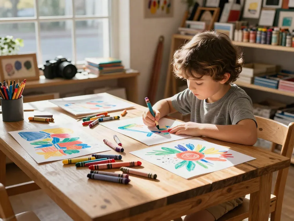 Crayon supplier showcasing vibrant art supplies and creative children's artwork in a playful store environment.