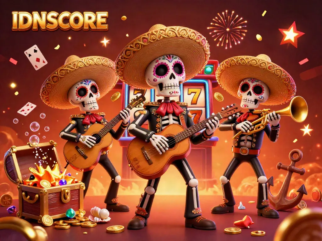 IDNSCORE offers an engaging experience with a vibrant casino illustration featuring mariachi skeletons and slot game elements.