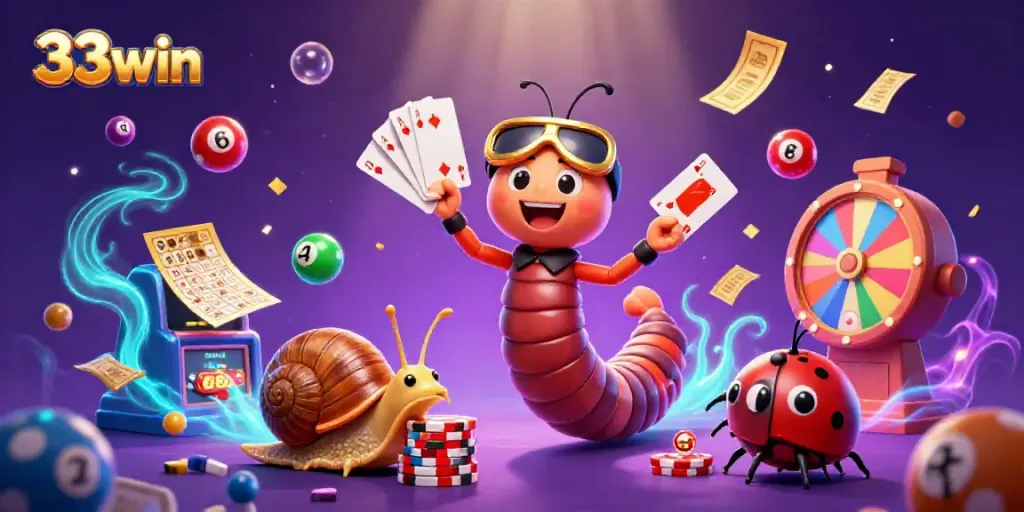 Experience the excitement of 33win with vibrant casino characters and dynamic elements in an engaging scene.