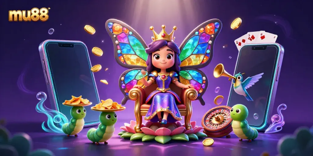 Experience the vibrant world of mu88 with a colorful casino-themed 3D illustration featuring a butterfly queen and gaming elements.