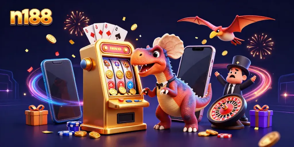 N188 gaming scene featuring a dinosaur celebrating a jackpot win on a golden slot machine