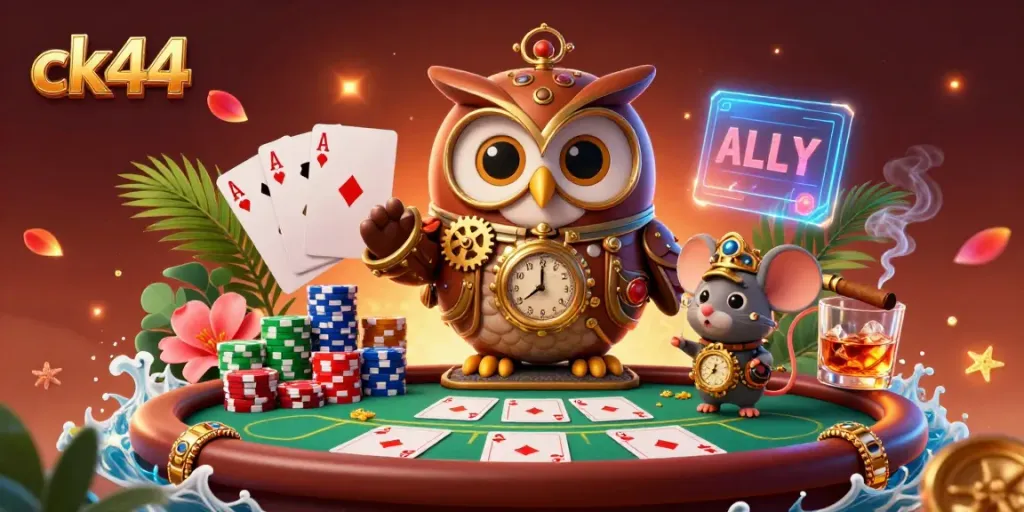 Engaging scene of ck44 with a time-traveling owl amidst poker elements, showcasing vibrant casino action.