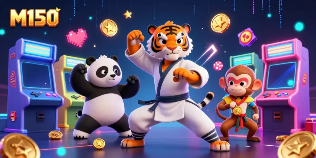 M150 gaming scene featuring kung fu tiger, panda disciple, and monkey stealing a medal surrounded by casino elements.