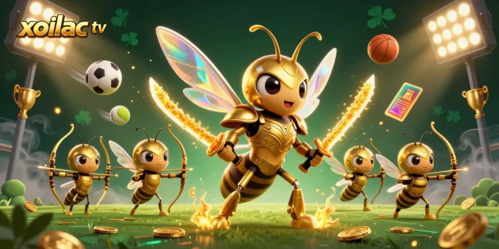 Xoilac TV presents a dynamic scene of a golden hornet samurai amidst sports elements, engaging viewers with thrilling action.