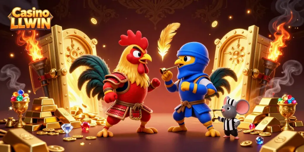 Experience thrilling action at Casino LLWIN with vibrant roosters and gleaming treasure in 3D.