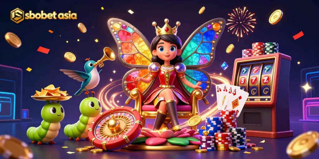 Engage in vibrant sbobet asia gaming action with a fantasy butterfly queen in a deep casino scene.