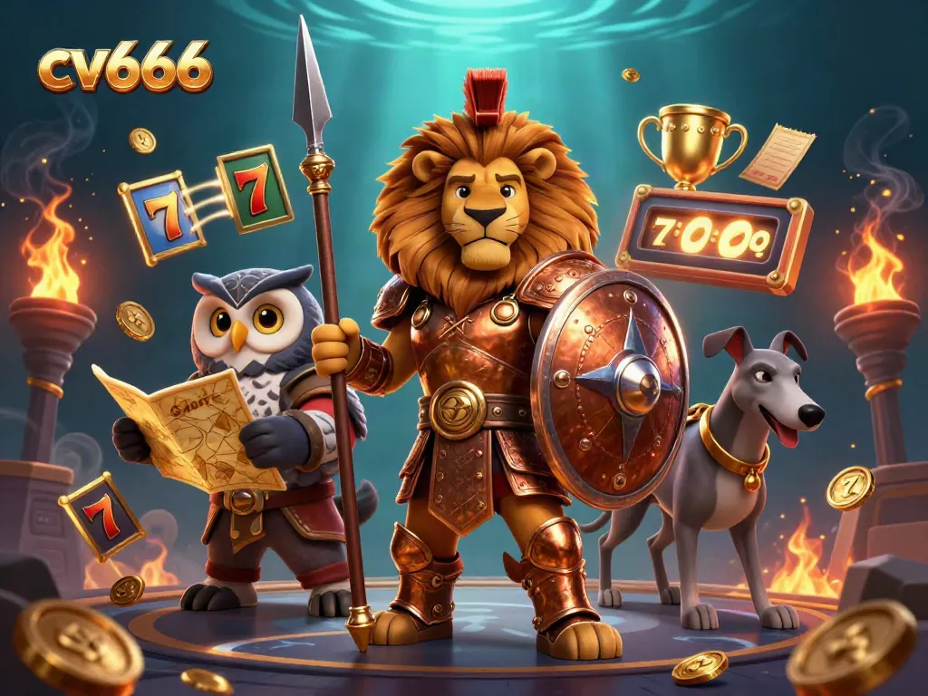Engage with cv666 slots through an epic scene featuring a Spartan lion, owl strategist, and greyhound messenger