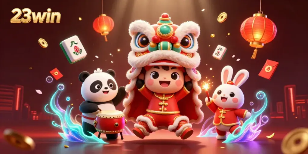 Engage in thrilling gaming at 23win with vibrant characters celebrating Chinese New Year.
