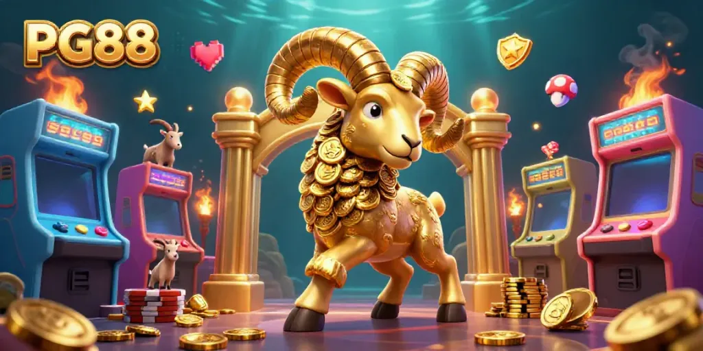 Experience the excitement of PG88 with a vibrant 3D gaming scene featuring a golden ram charging at a casino gate.