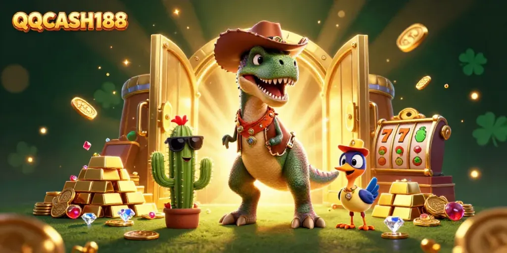Engage in thrilling game play with QQCASH188 featuring cartoon dinosaur and vibrant slot elements.