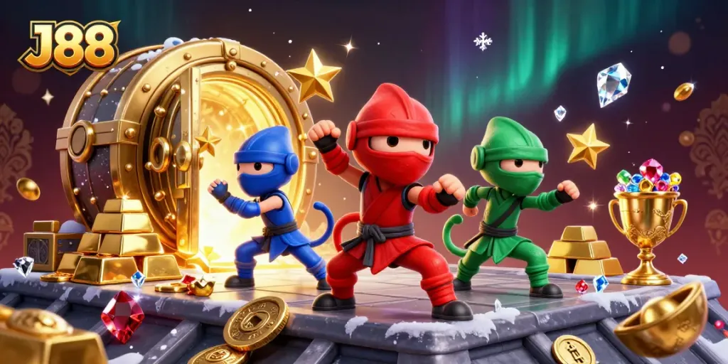 Experience the thrill of J88 as ninja chameleons leap amidst treasure in a vibrant casino adventure.