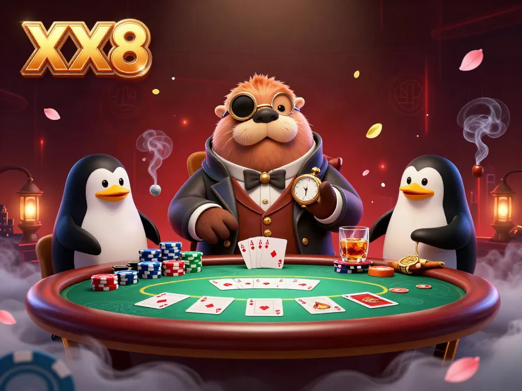Join the underwater poker game with XX8, featuring a jolly walrus and quirky players in a vibrant setting.
