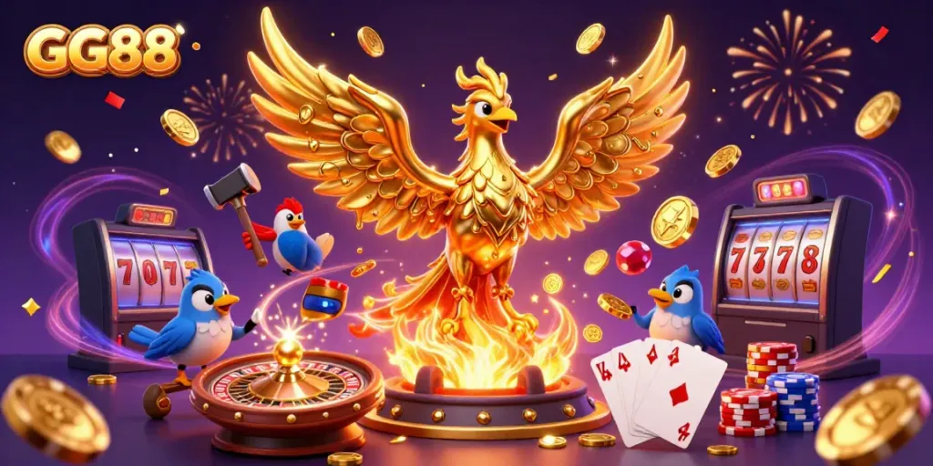 Experience immersive gaming with GG88's vibrant casino scenes filled with golden phoenix and sparkling prizes.