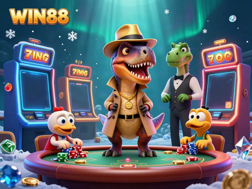 WIN88 velociraptor card counter at a blackjack table in a colorful lively casino scene.