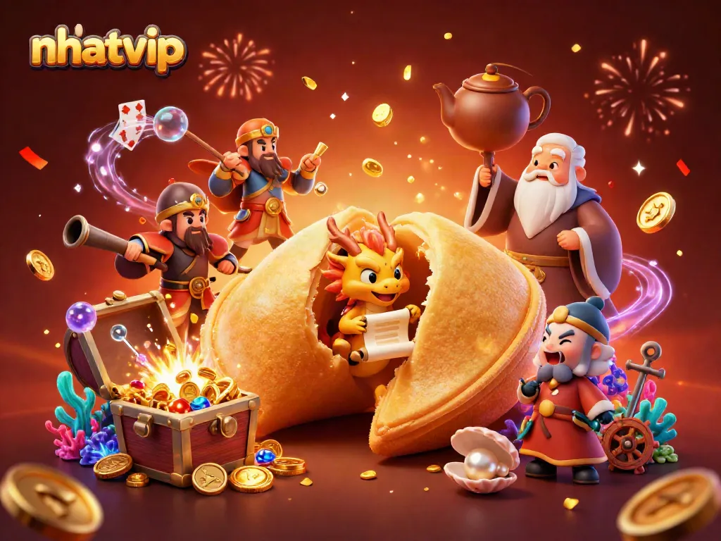 Nhatvip gaming scene features a giant fortune cookie with a wise dragon and gold treasures.