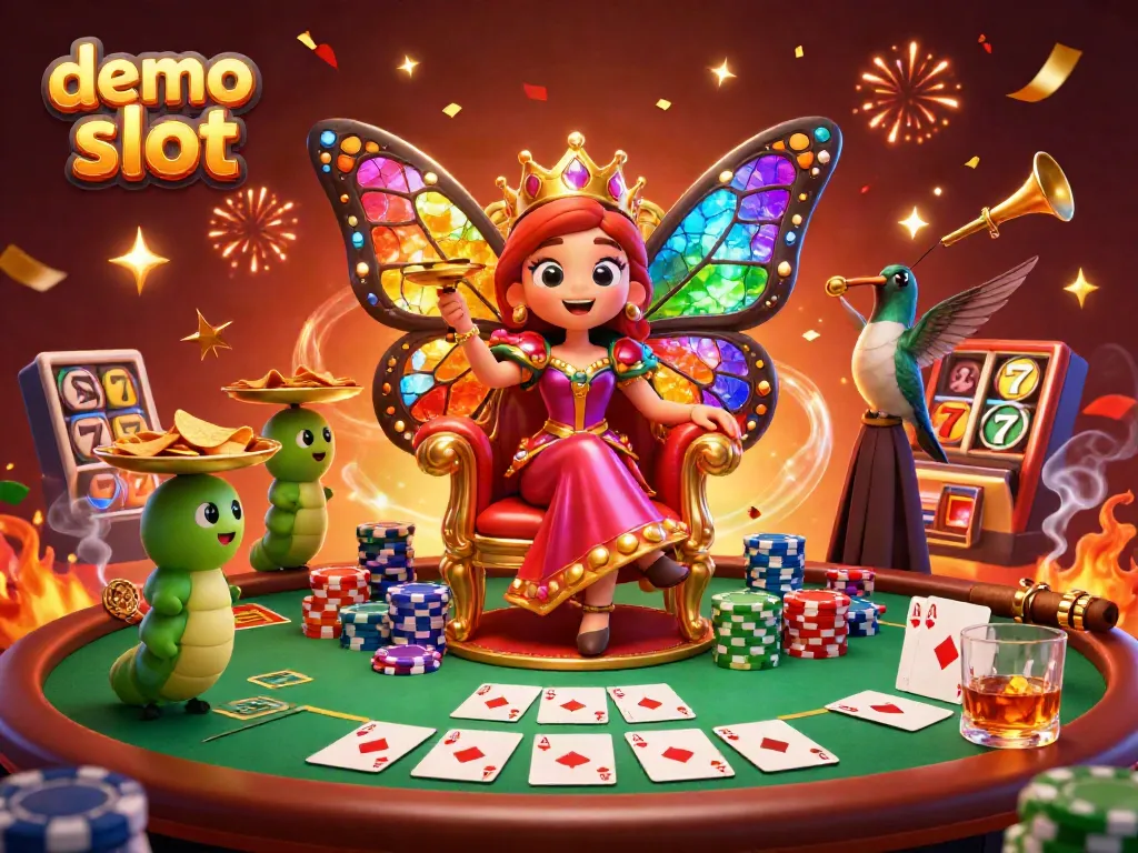 Experience the thrill with a vibrant demo slot scene featuring a butterfly queen and poker elements.