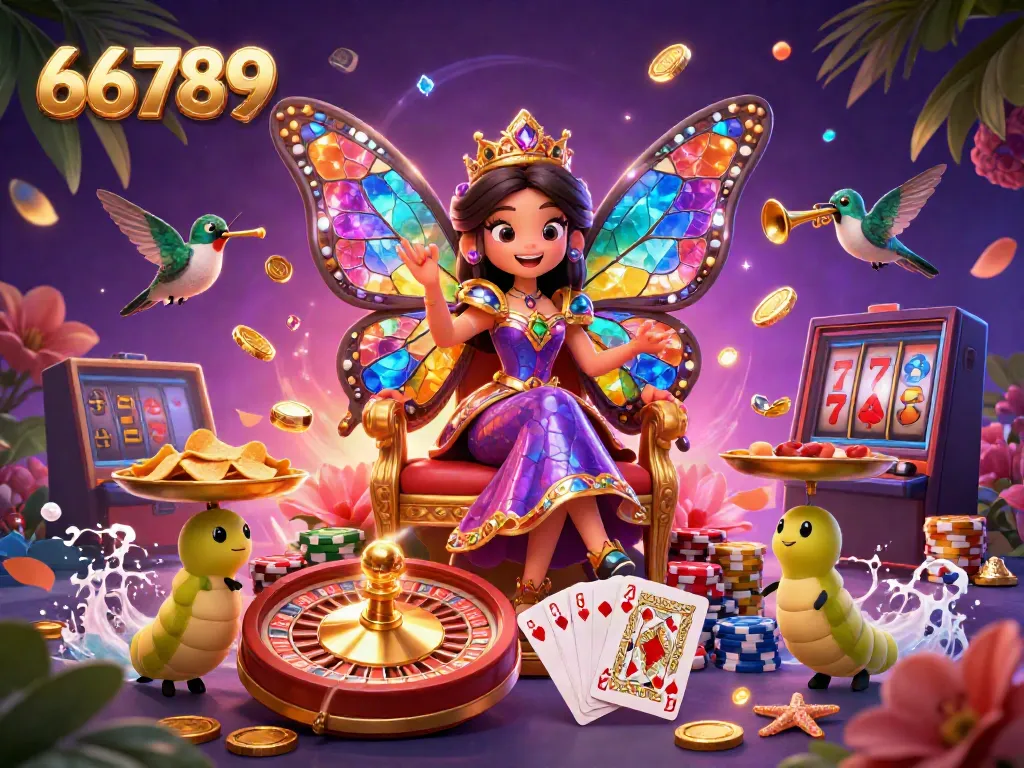 Engage in vibrant casino fun with 66789 as stunning butterfly queen and treasures enhance the scene.