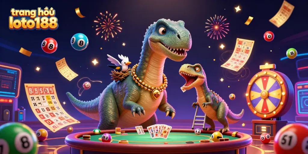 Experience the excitement of trang chủ loto188 with a vibrant 3D cartoon dinosaur scene and engaging gambling elements.