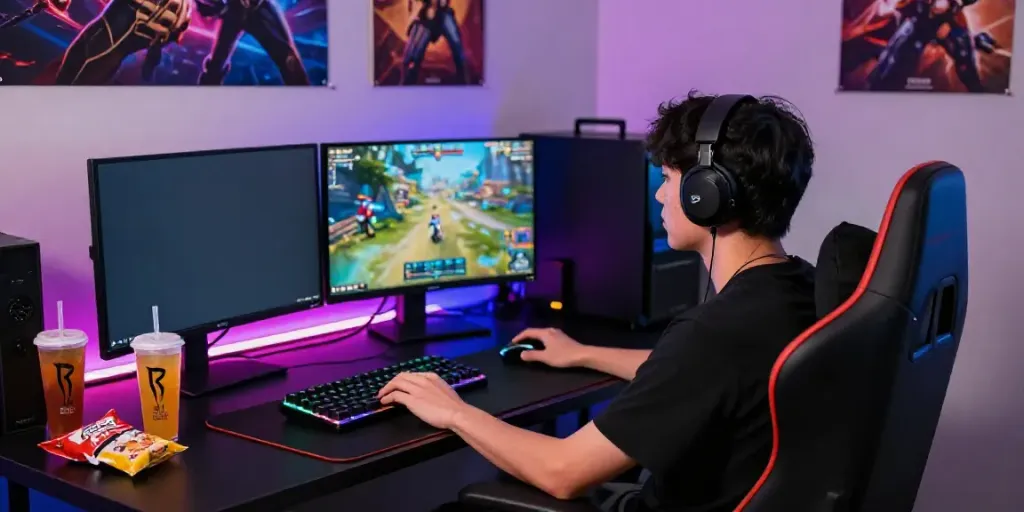 Gamer focused on Situs Super33 multiplayer session with vibrant graphics.