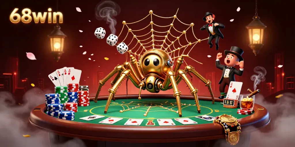 Engage with 68win's thrilling poker experience featuring a steampunk spider and charming characters.