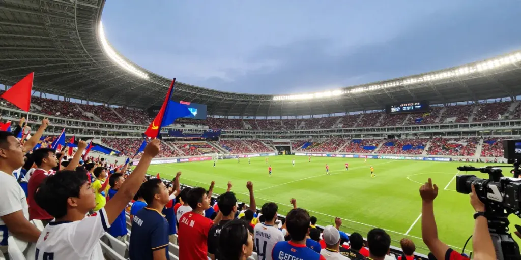 Intense football match showcasing ข่าวฟุตบอลไทย with passionate fans and players in action.