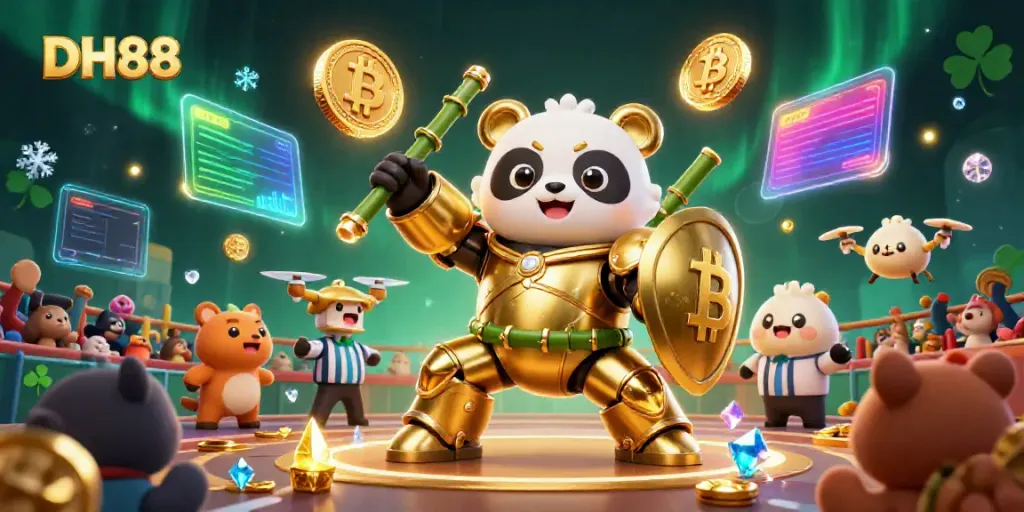 Experience thrill with DH88 as the golden panda and robot engage in a high-stakes gaming battle.