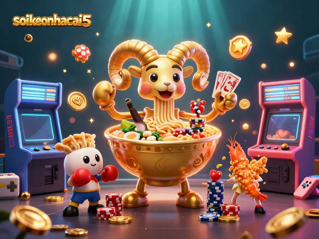 Engage with the thrilling soikeonhacai5 experience as a giant ramen bowl dealer entertains in a vibrant casino.