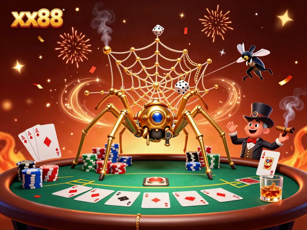 Experience the gold-plated intrigue of the xx88 casino scene with a steampunk spider and poker chips.