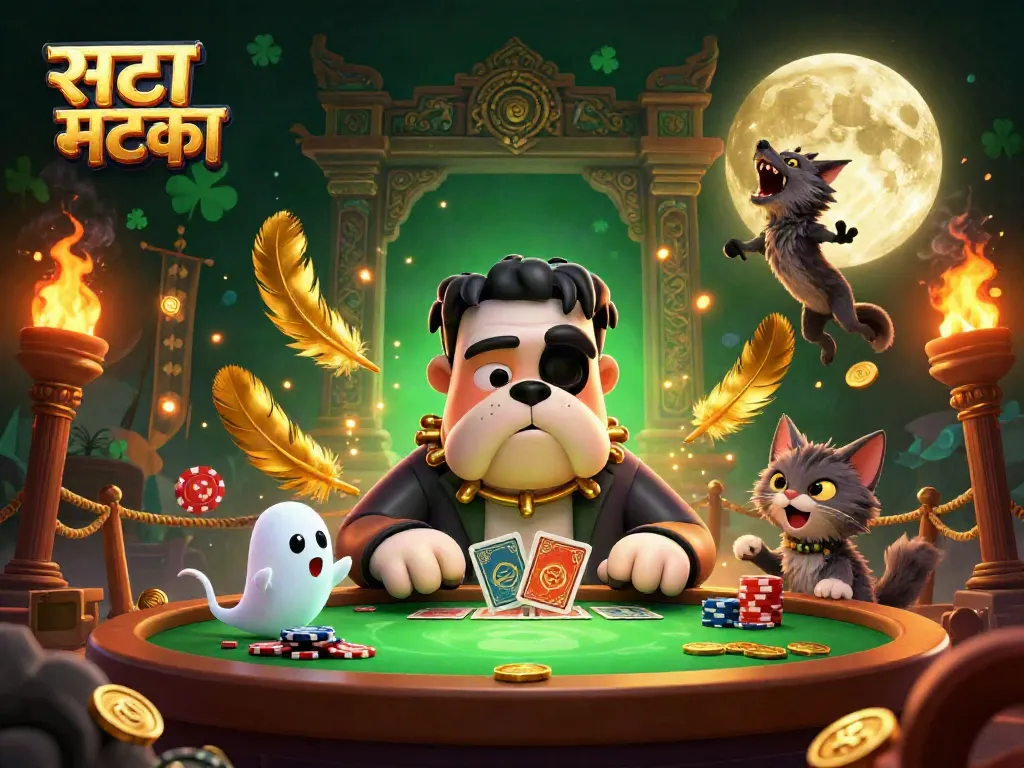 सट्टा मटका के साथ जुआ खेलने वाला भूतिया कुत्ता और सुनहरी चंद्रमा के साथ एक दृश्य।