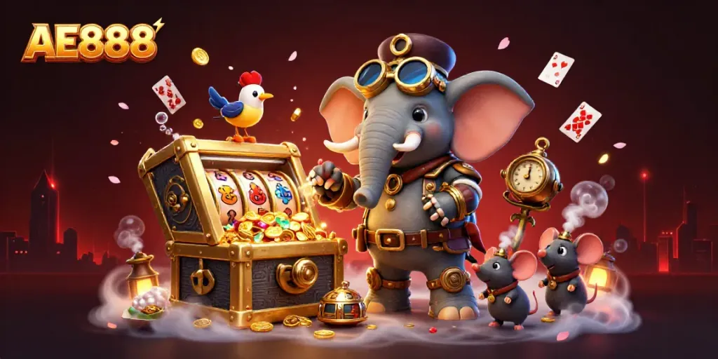 Spin the AE888 slots with a steampunk elephant engineer and vibrant treasure in a rich casino illustration.