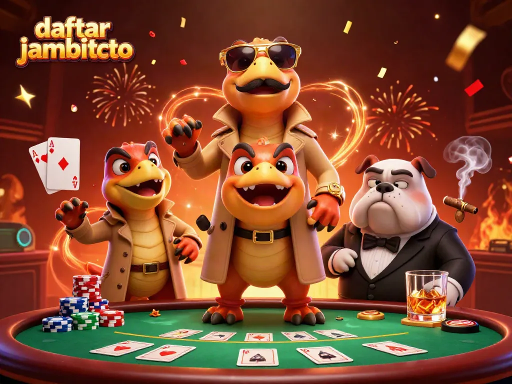 Engage with the vibrant scene of daftar jambitoto featuring cartoon raptors in a casino, showcasing thrilling gaming.