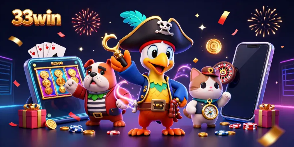 Engage with the captivating 33win slot game experience, immersed in vibrant casino elements and characters.