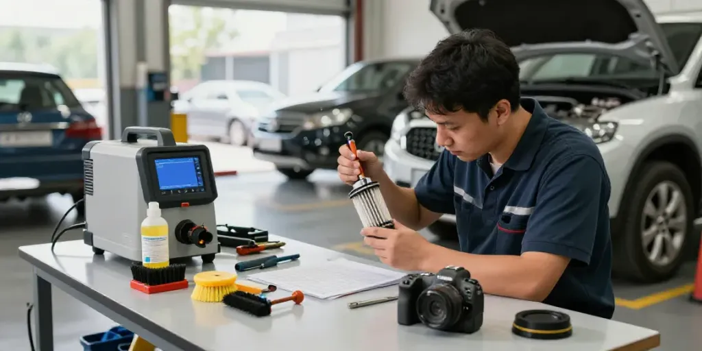 Expertly cleaning a DPF in an automotive workshop to ensure efficiency and performance.