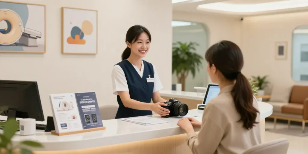 Empfangsbereich im Diagnostikzentrum Wolfsburg mit freundlichem Empfangspersonal.