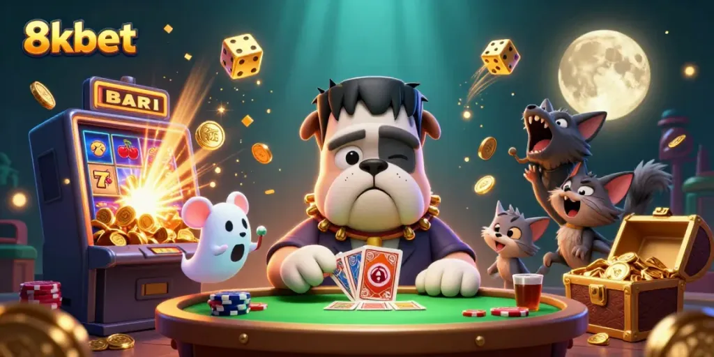 Experience thrilling gaming action with 8xbet's lively characters at a vibrant casino table.