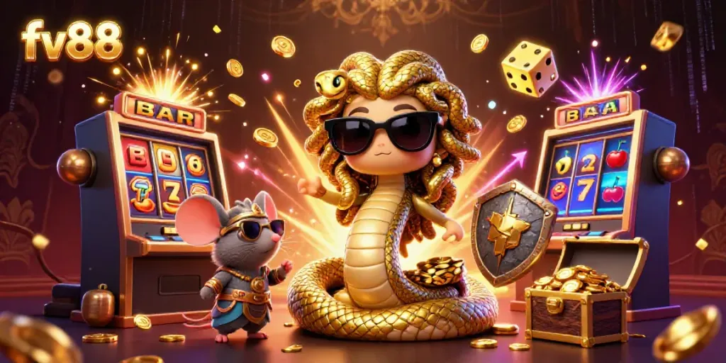 Experience thrilling casino action with fv88 in a vibrant 3D illustration featuring Medusa and a warrior mouse.