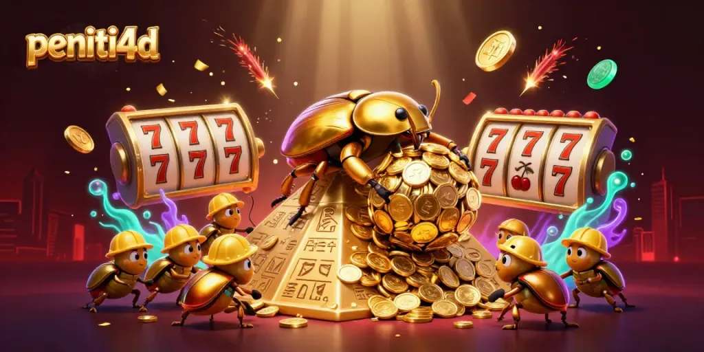 Melihat aksi seru di peniti4d dengan kartun kumbang emas raksasa menggulirkan koin emas, menandai kesenangan bermain slot.
