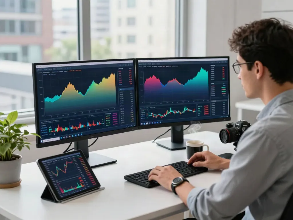 tradingview官网 user engaged in analysis with dual monitors showing market trends and charts.