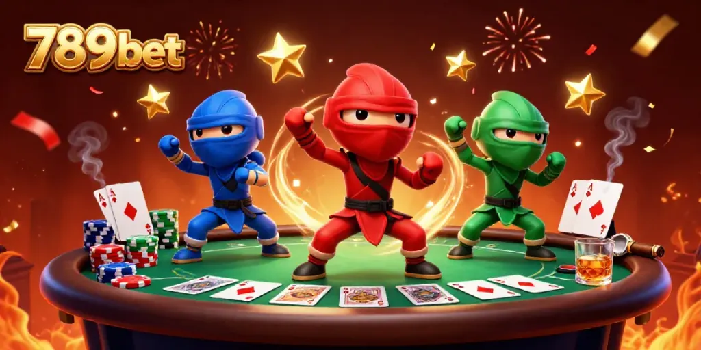 Synchronized moves of the 789bet ninja chameleons over a vibrant poker scene.