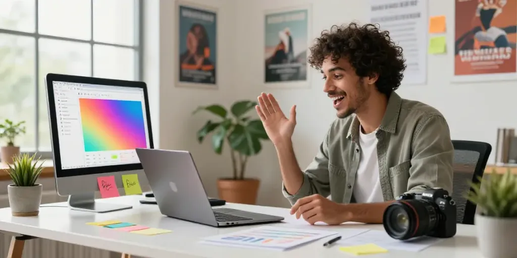 AI tools for blog content ideas in a vibrant and creative workspace.