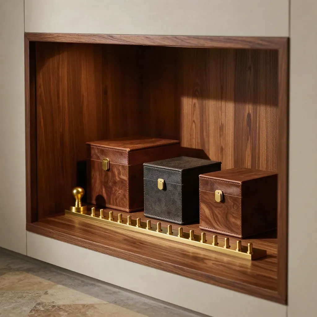 Walnut alcove with three archival boxes, brass seal stamp, and brass index pegs