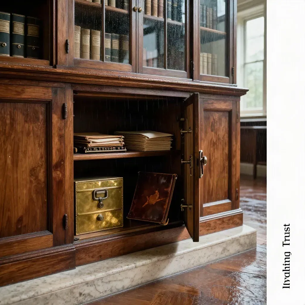 Walnut trust library with brass archive boxes in a rain-wet heritage office, lit from upper left.