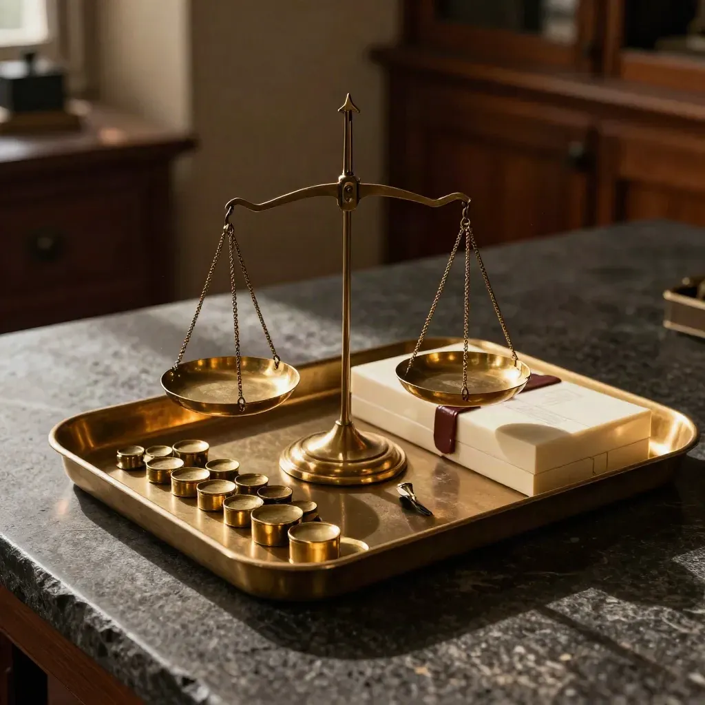 Brass balance scale with weights and a sealed transaction box on a dark stone desk.