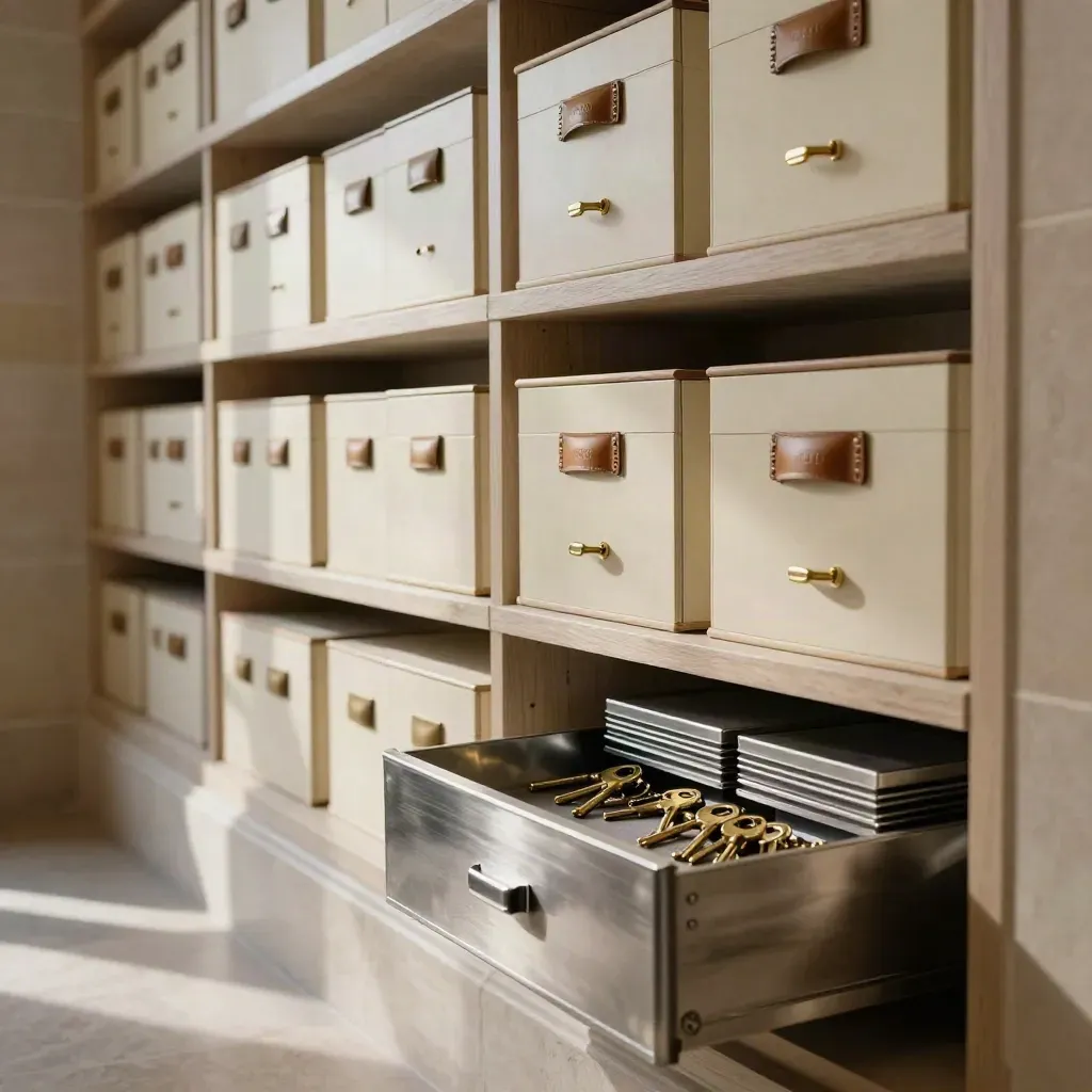 Vault shelf with trust boxes, brass keys, and an open drawer in a polished stone archive.
